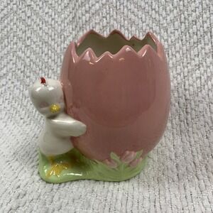 Vintage Ceramic Yellow CHICK Hugging EGG Easter Planter Vase Pottery Decor